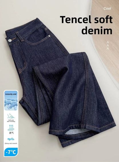 Retro Silk Wide Leg Jeans Women Summer 2026 Korean Style Lyocell Casual Versatile Straight Leg Denim Pants High Quality Trousers