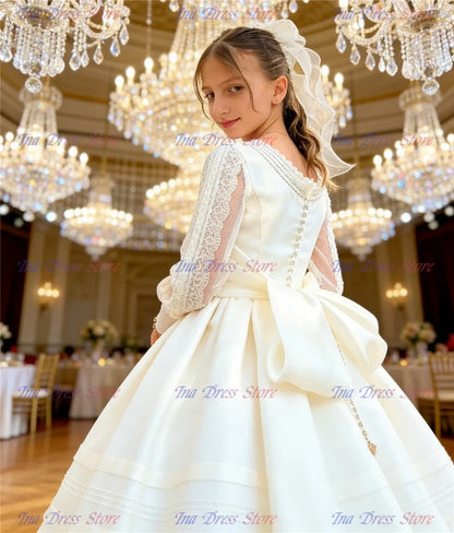 Elegant Long-sleeved Tulle Lace Printing Flower Girl Dress Princess Ball First Communion Dresses Kids Surprise Birthday Present