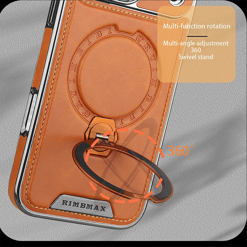 Magnetic Rotat Bracket Luxury Leather Phone Case,For iPhone 11 12 13 14 15 16 17 Pro Max Plus Wireless Charging Shockproof Cover