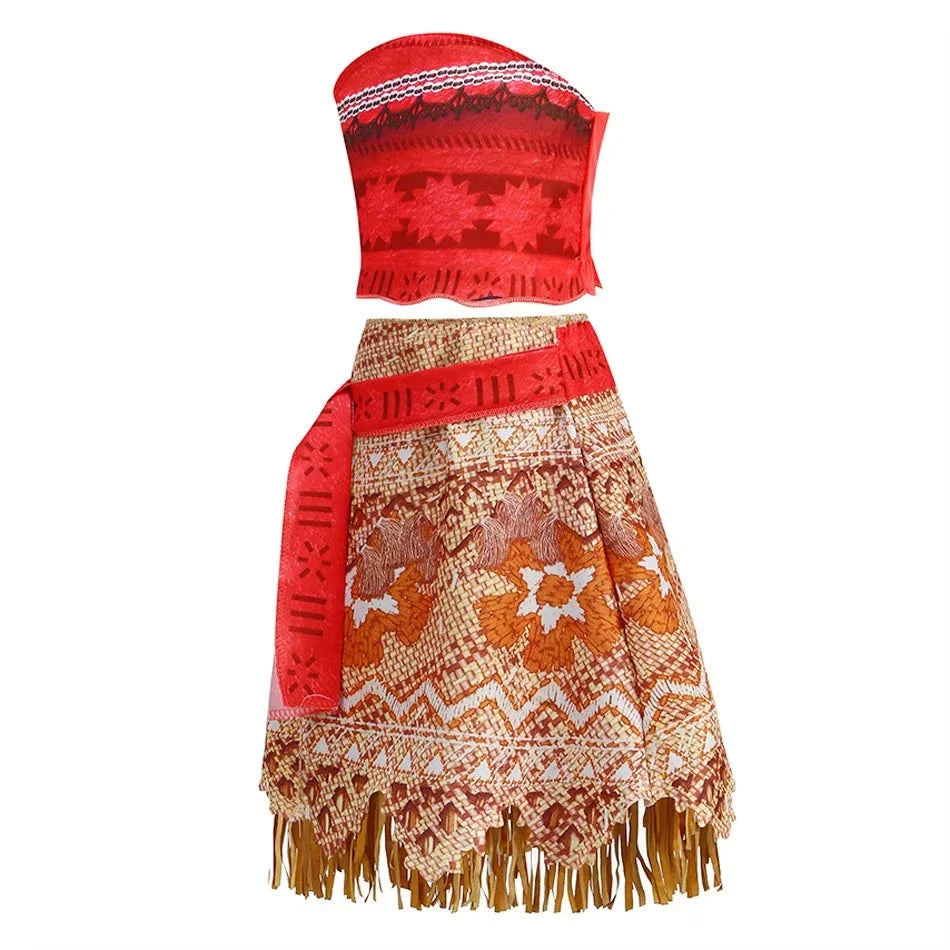 Girls Moana Princess Dress for Kids Carnival Cosplay Vaiana Costume Children Birthday Party Headwear Necklace Flower Clothes Set