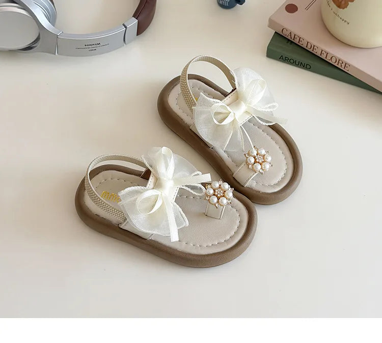 Summer Girl's Sandals Clip-toe Bowknot Elastic Band Soft Sole Kids Sliders Beautiful Pu Leather Chunky Morden Children Shoes