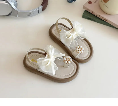 Summer Girl's Sandals Clip-toe Bowknot Elastic Band Soft Sole Kids Sliders Beautiful Pu Leather Chunky Morden Children Shoes