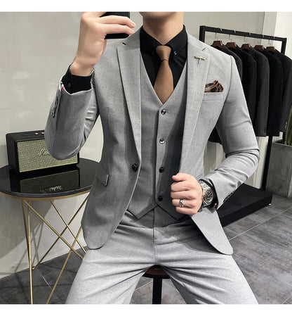 Blazer Vest Pants Men's Navy Blue Suit Set Slim Fit Blazer Vest Pants Formal Outfit for Business Wedding Office Groom Party
