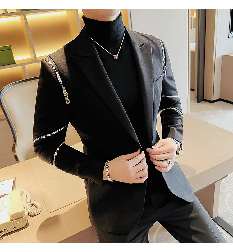2024 Autumn New Zipper Decoration Blazer Men Casual Slim Fit Business Dress Coats Homme Formal Social Prom Tuxedo Men Clothing