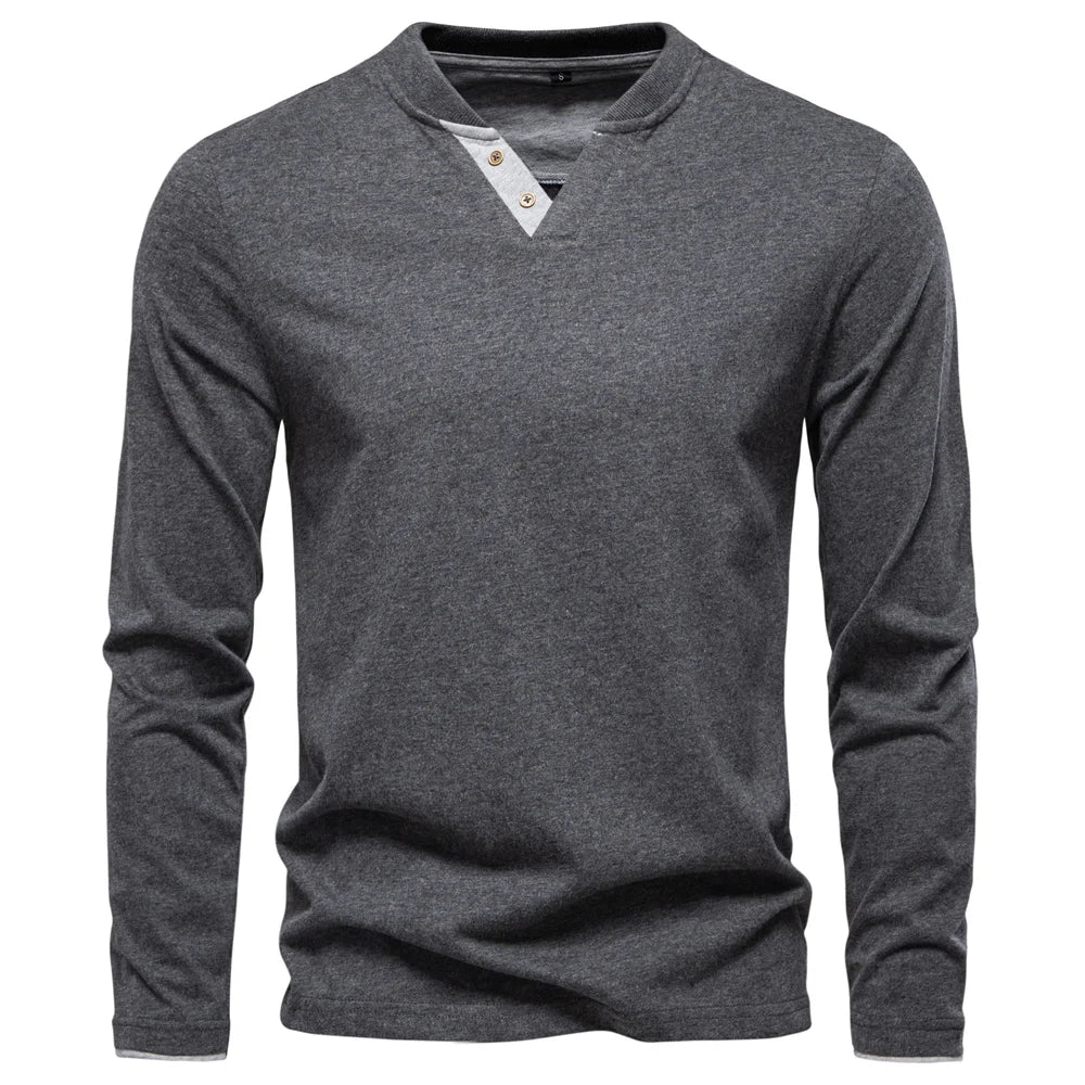 100% Cotton T-shirt Men Casual Solid Color Long Sleeve Sweater Autumn Fashion High Quality Henley Collar Mens T-shirts