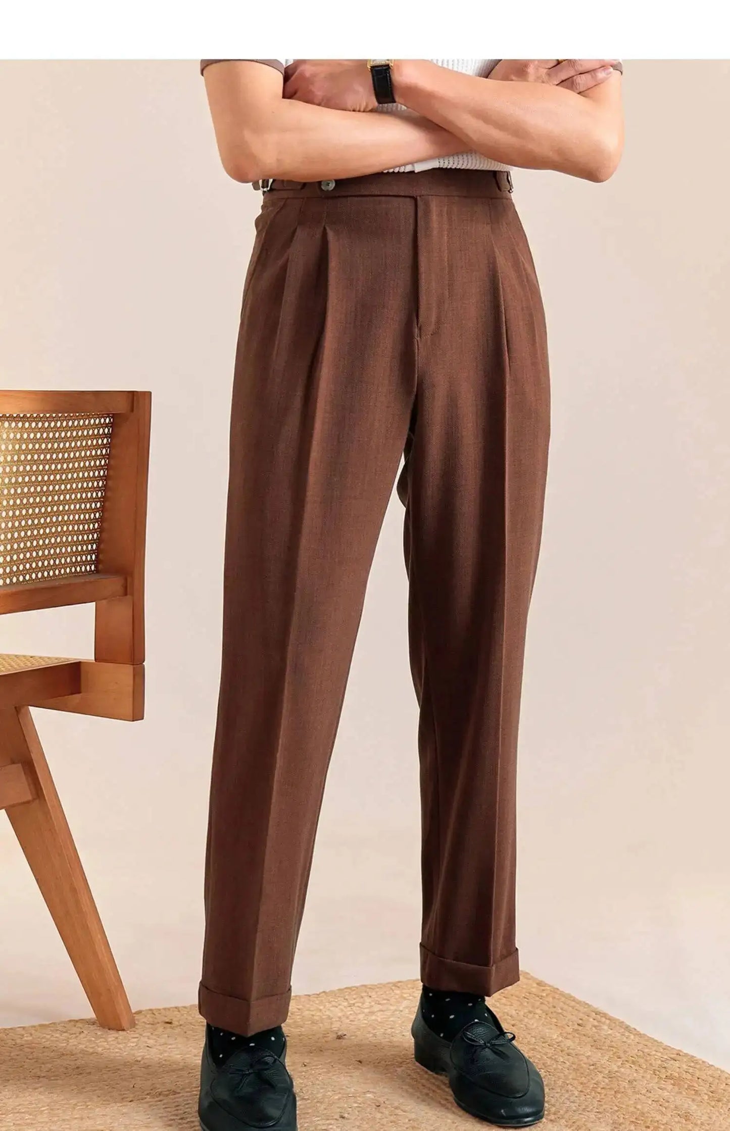2025 New Italian Style Double Pleated Neapolitan Mens Formal Pants Casual Business Straight Leg High Waist Office Trousers Men
