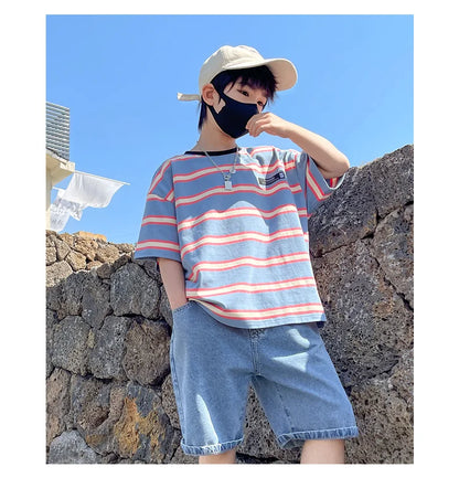 Tween Boy Summer Clothing Set Child Casual Cotton Stripe T-shirt & Denim Shorts 2 Piece Suit Teenage Kids Luxury Clothes Costume