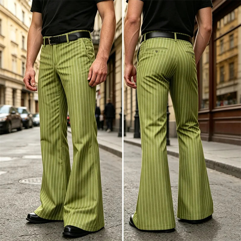Men's Polyester Blend High Waist Flared Pinstripe Pants Soft Breathable Disco Party Retro Stage Nightclub Spring Summer Trousers