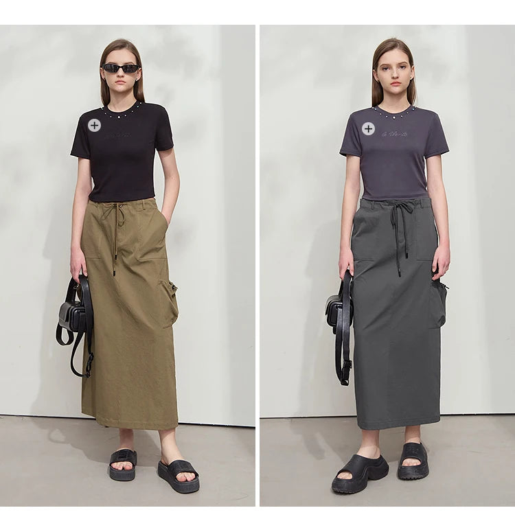 Minimalist Women Clothing Skirt 2025 Autumn New Casual Loose Multi-pocket Drawstring Elastic Waist Long Skirt 12522020