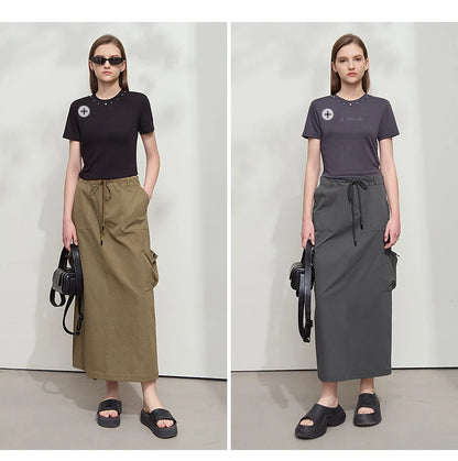 Minimalist Women Clothing Skirt 2025 Autumn New Casual Loose Multi-pocket Drawstring Elastic Waist Long Skirt 12522020
