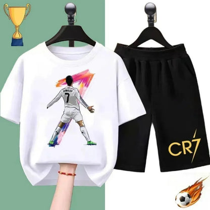 2025 Summer new children's suit Ronaldo football star printed children's suit Children's summer short sleeve shorts boys and gir
