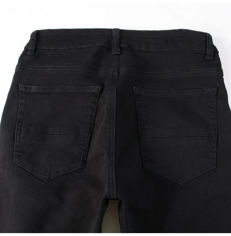 Men Cracked Silver Leather Patch Biker Jeans Streetwear Skinny Tapered Stretch Denim Pants Holes Ripped Patchwork Black Trousers