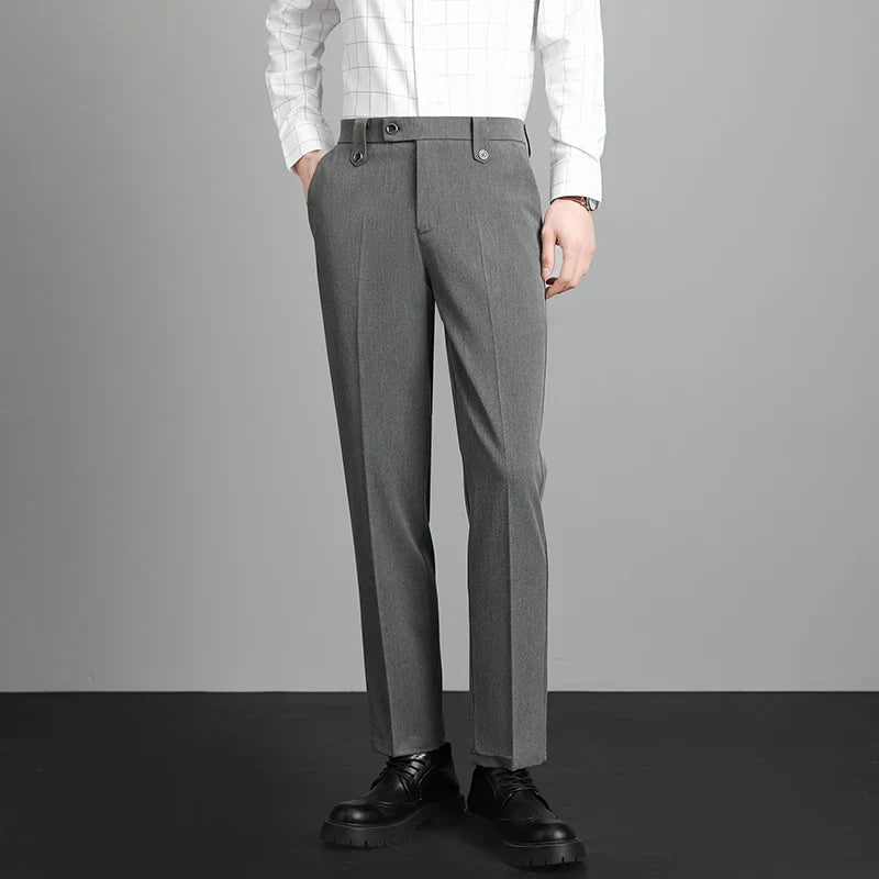 Brand High Quality Business Suit Ankle Length Pants Men Grey Khaki Waist Design Work Office Formal Long Trousers Male