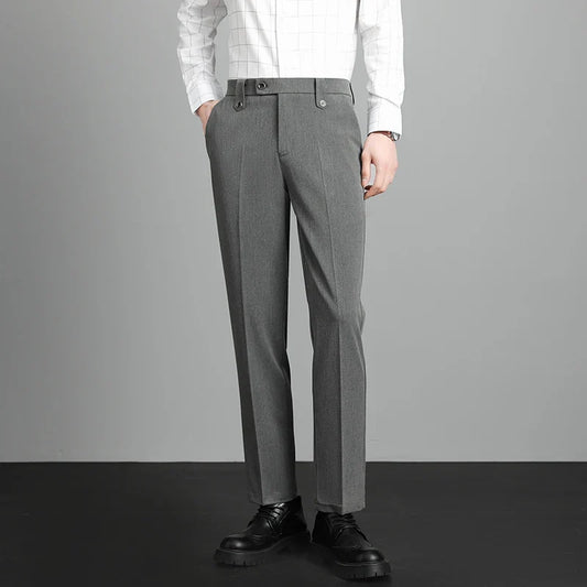 Brand High Quality Business Suit Ankle Length Pants Men Grey Khaki Waist Design Work Office Formal Long Trousers Male