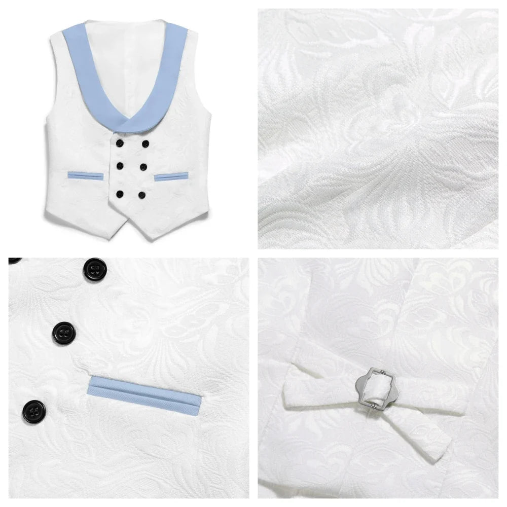 New Jacquard Sky Blue Suit Set 4 Pieces For Kids Birthday Party Boys Slim Fit Tuxedo Wedding Ring Bearer Outfit Handsome Suits