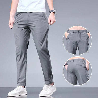 Men's Ice Silk Trousers Solid Color Korean Loose Breathable Straight-Leg Casual Pants Thin Quick-Drying Sports With Pockets