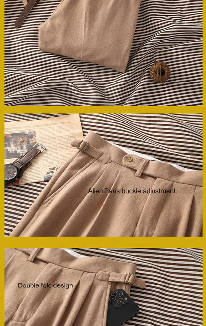 2026 Spring New Arrival Cashmere Fabric Khaki Flannel Loose Straight Leg Pants with Adjustable Waist Special Offer