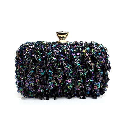 Glitter Party Dinner Evening Bags Purple Color Tassel Acrylic Clutch Bags Flap Fashion Metal Chain Diamonds Handbags Beading
