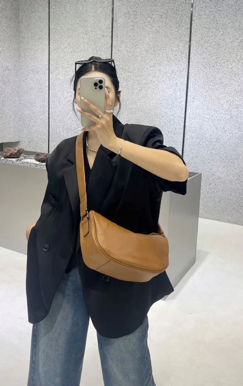 High Quality Genuine Leather Crossbody Luxury Handbag for Women, Large Capacity Shoulder Bag, Cowhide Retro Fashion Saddle Bag