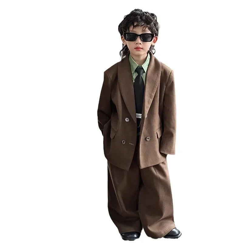 Boys Woollen Loose Blazer Jacket Pants Suits Kids Formal Dress Performance Casual Clothes Sets Child Toddler Party Leisure Suit