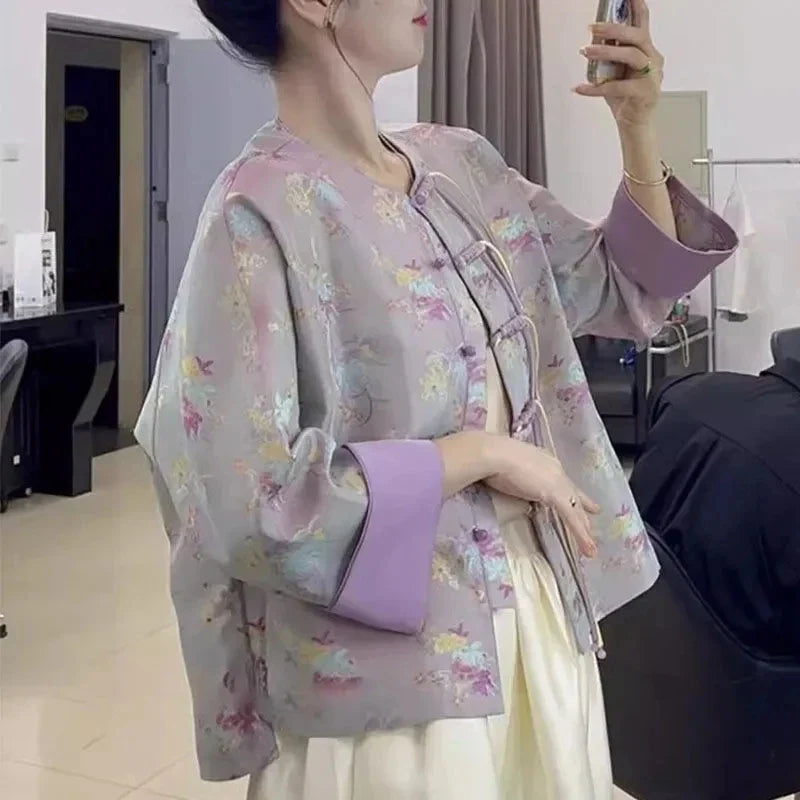 Print Top 2024 New Chinese Style Women's Purple Youth Edition Short Stand Collar Button Coat Women's Spring Autumn Style Elegant