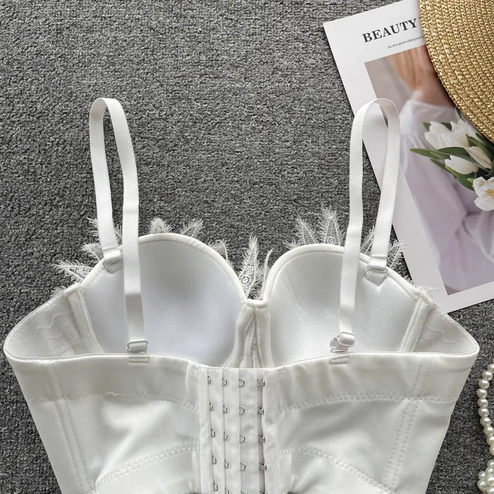 Women Hotsweet Sleeveless Sexy Chest Cushion Lace Backless Embroidered Beads Slim Straps Camis Top High Street Autumn Clothing
