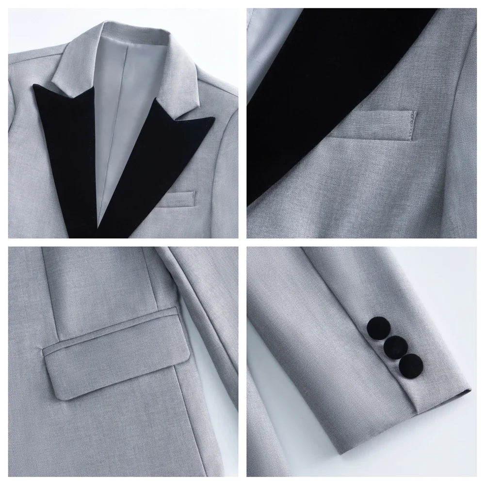 Black Velvet Collar Suit Set for Boys, Formal Graduation Suits, Slim Fitting Wedding Suit for Children, Blazer Vest Pants