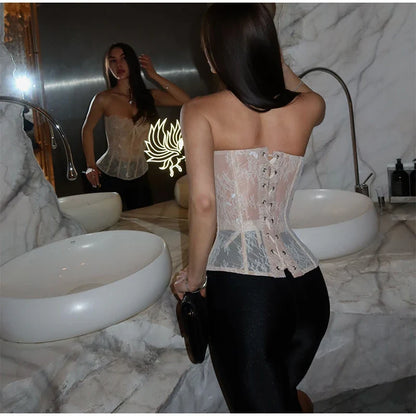 Sexy Women Sheer Lace Corset Top Bodycon Strapless Boned Bustier Sleeveless Back Lace-up Outfit 2026 New Fashion Party Clubwear