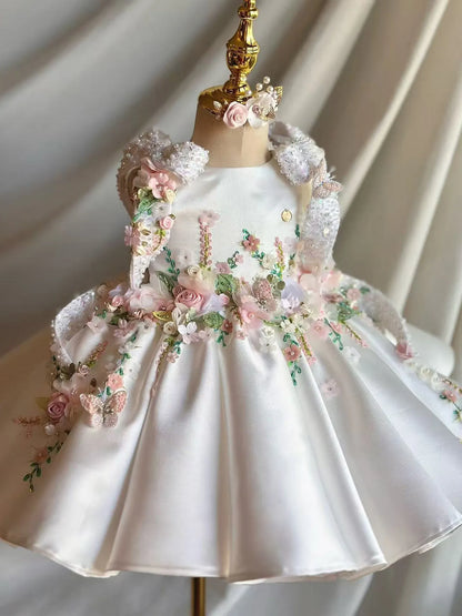 Flower Girl Dress Satin 3D Floral Embellished Ball Gown Wedding Gown First Christmas Party Dress For Girlsفساتين اطفا