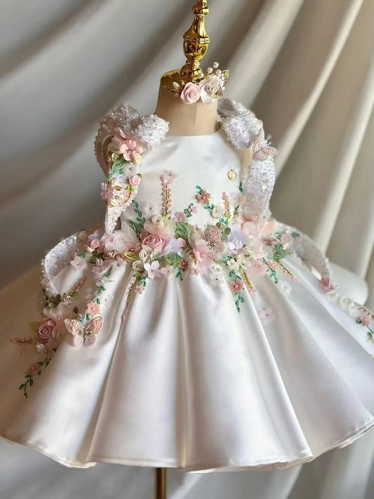 Flower Girl Dress Satin 3D Floral Embellished Ball Gown Wedding Gown First Christmas Party Dress For Girlsفساتين اطفا