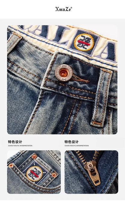 New Washed Light Blue Polished Cargo Jeans Men's Summer American Trendy Brand Small Straight Retro Casual Youth Trousers