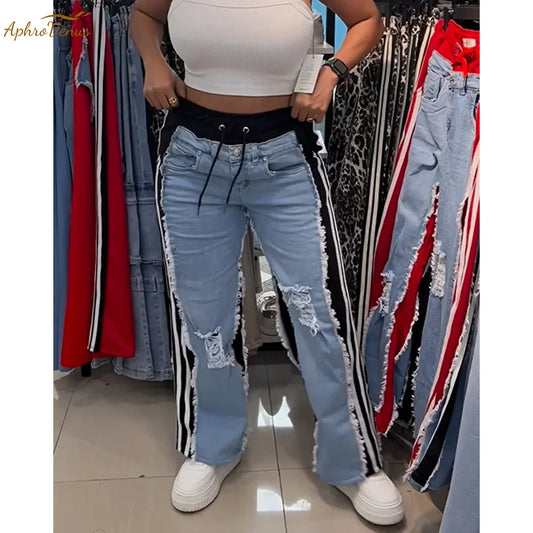High Waist Ripped Jeans Women Colorblock Contrast Distressed Patchwork Pants Streetwear Wide Leg Long Stretch Denim Jeans