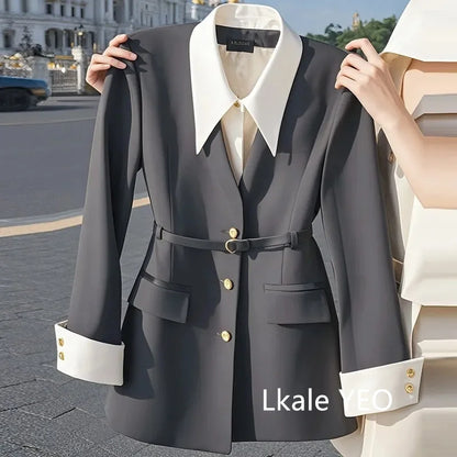 Women's Suit Coat 2025 Spring Autumn Advanced Popular Ladies  Blazer Jacket Casual Fake Two Items Temperament Lady Outerwear