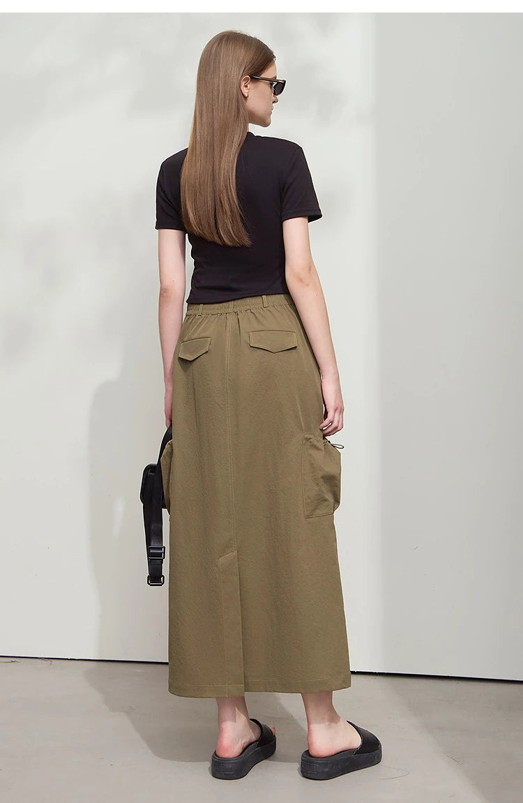 Minimalist Women Clothing Skirt 2025 Autumn New Casual Loose Multi-pocket Drawstring Elastic Waist Long Skirt 12522020