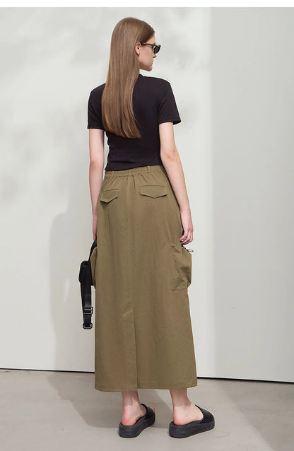 Minimalist Women Clothing Skirt 2025 Autumn New Casual Loose Multi-pocket Drawstring Elastic Waist Long Skirt 12522020