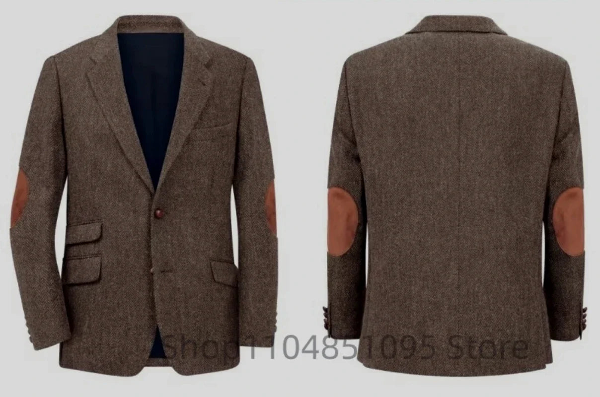 Men's Brown Herringbone Tweed Blazer Single Breasted Two Buttons Business Wedding Prom Tuxedo Jacket Casual Smart Suits Top