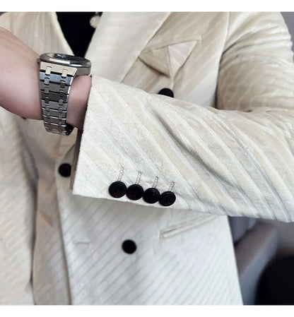 Autumn Winter New Velvet Suit Jacket Men Double-Breasted Striped Slim Fit Casual Coats High Quality Formal Business Tailcoat