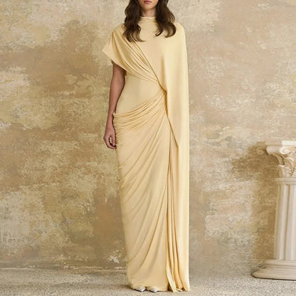 Modern Evening Dress فساتين سهره Customized Round Neck with Cape Pleat Ruched Sheath Arabian Prom Gown Formal Dresses