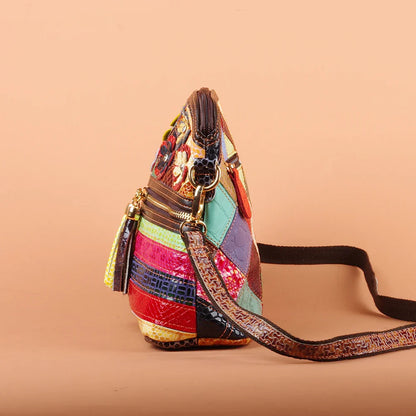 Multi-color snake pattern splicing tassel genuine leather cowhide bag shoulder women's bag personalized casual women's small bag