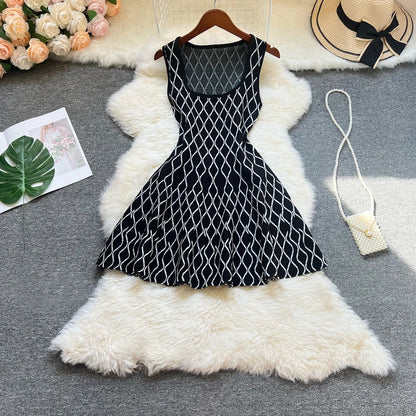 Brand Fashion A-line Short Women Dress Elegant Y2K Geometric Knitted Summer Dress Female Harajuku Black Party Vestidos