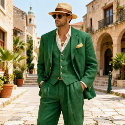 Relaxed Linen Men Suits Dark Green 3 Pieces Minimalist Single Breasted Casual Suit For Summer Wedding Party Business Occasion