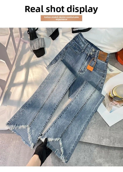 Women Autumn Y2K Slim Flared Denim Trouser Raw Edge Vintage Sexy Minimalist Pant Grunge High Waist Solid High Street Retro Jeans