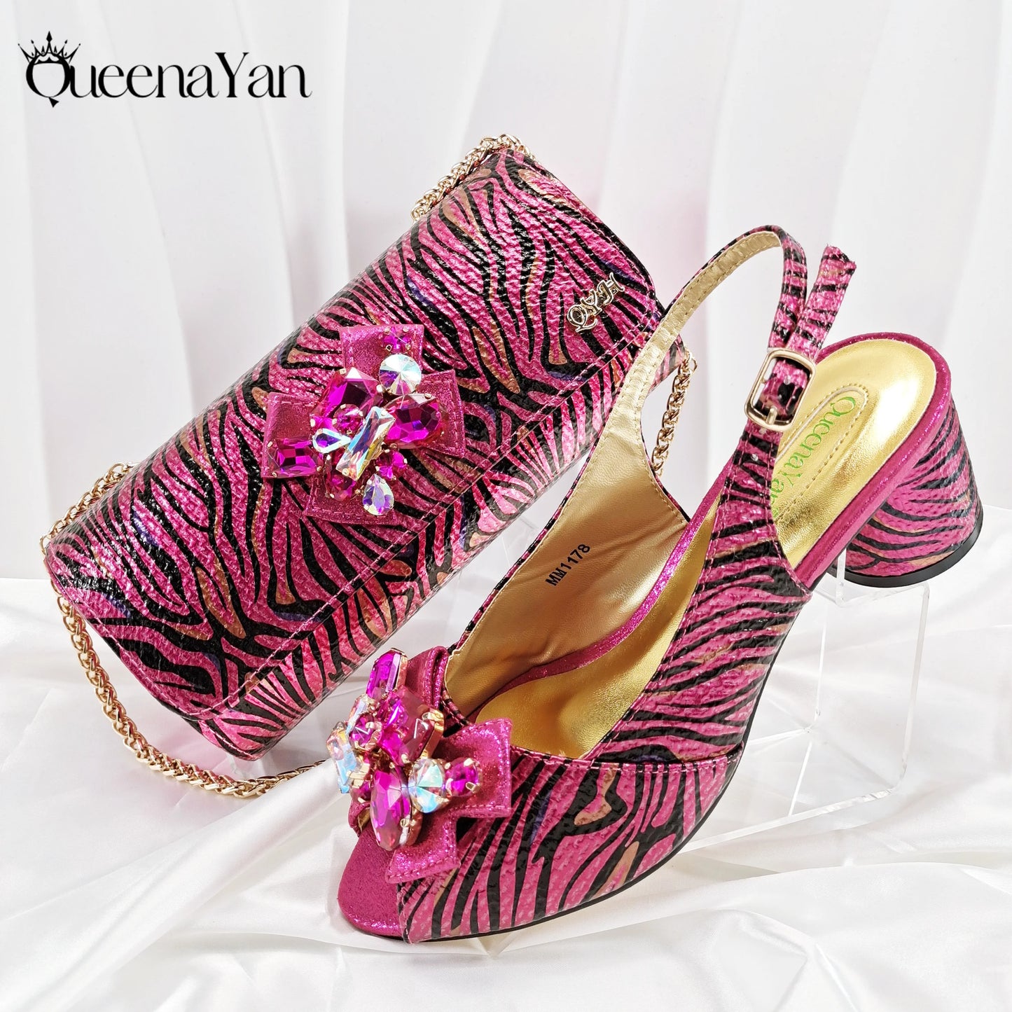 2025 Women Elegant Gold High Heel Shoe and Matching Bag Set with Rhinestone Accents Stylish Peep Toe Design for Party
