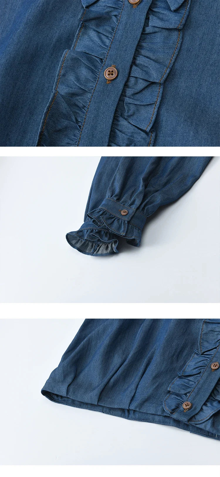 Blue Lyocell Imitation Denim Shirt for Women Autumn 2025 Ruffled Placket Contrasting Button Waist Cinc Shirt MXE43C2386