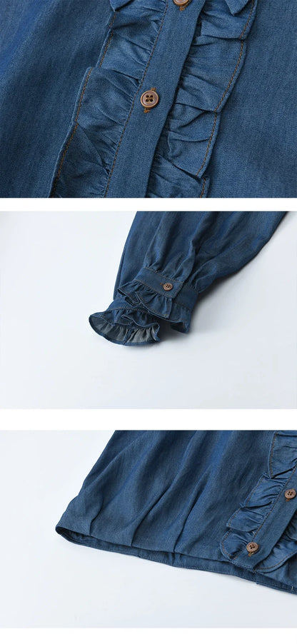 Blue Lyocell Imitation Denim Shirt for Women Autumn 2025 Ruffled Placket Contrasting Button Waist Cinc Shirt MXE43C2386