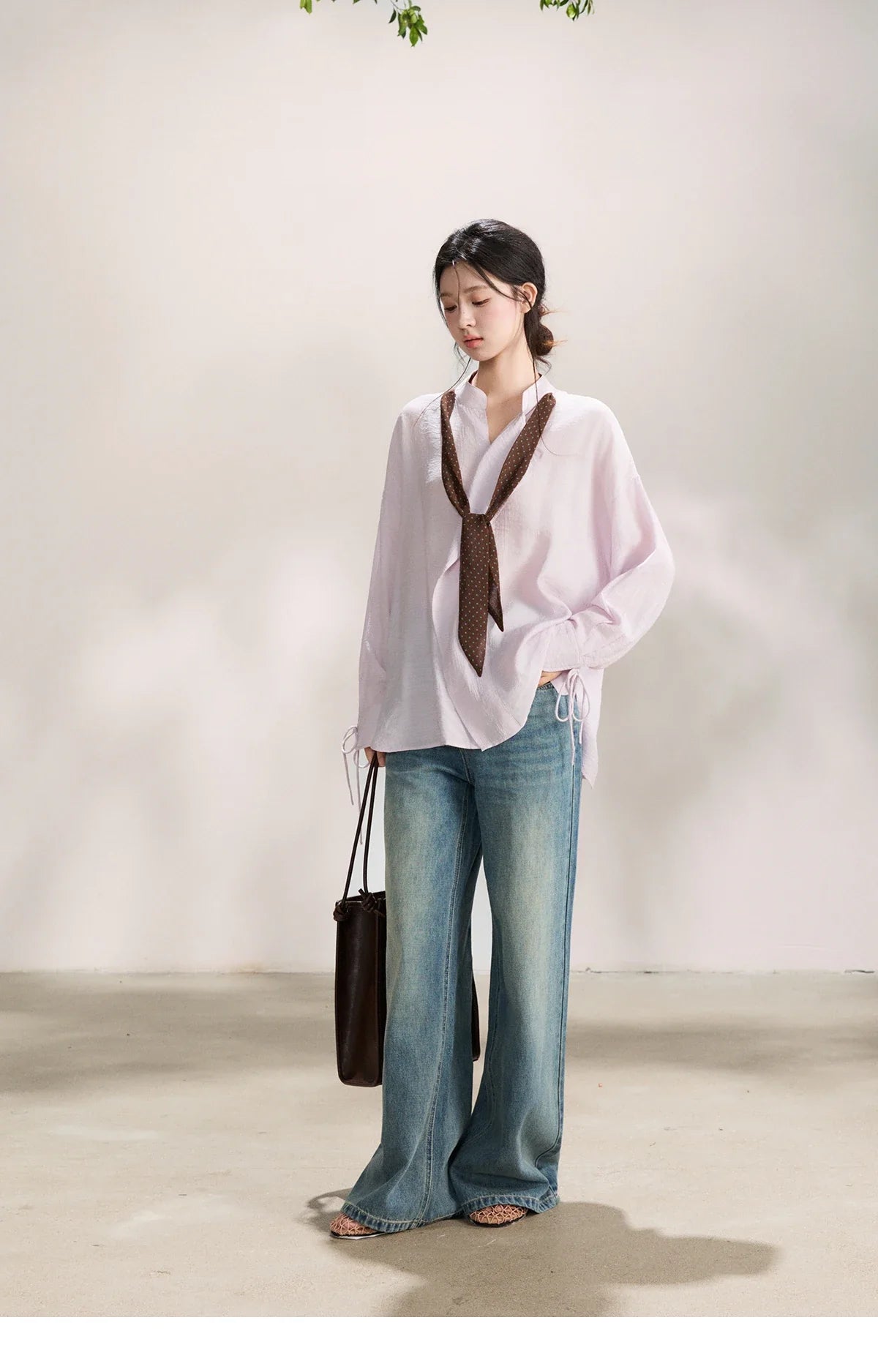 Women's Asymmetric V Neck Shirts 2026 Spring Lapel Casual Loose Tie Cuffs Solid Shirt with Polka Dot Ribbon MXF108X1002