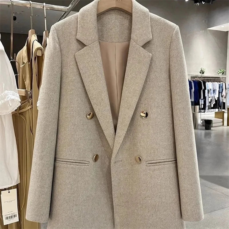 Fashion Woolen Suit Jacket Women's Vintage Blazers Double-breasted Office Coat Female Casual Outerwear Spring Autumn Streetwear
