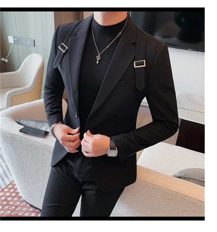 2024 Autumn Winter New Strap Decoration Suit Jacket for Men Fashion Slim Casual Business Blazers Groom Wedding Social Tailcoat
