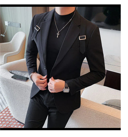 2024 Autumn Winter New Strap Decoration Suit Jacket for Men Fashion Slim Casual Business Blazers Groom Wedding Social Tailcoat