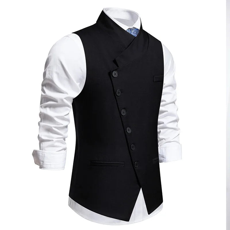Man Suit Vest Spring Autumn Thin Solid Stand Collar Male Waist Slim Sleeveless Single-breasted Business Wedding Men Vest